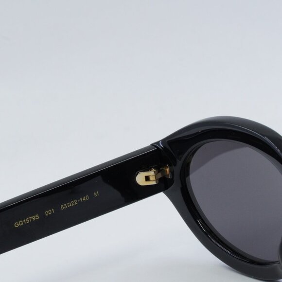 Gucci GG1579S 001 Sunglasses Shiny Black Oval Frame, Grey Lenses - Picture 5 of 10